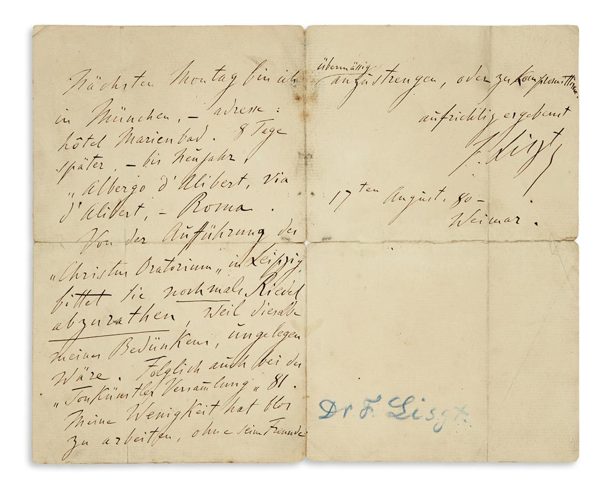 LISZT, FRANZ. Autograph Letter Signed, F. Liszt, to the General German Music Association, in German,